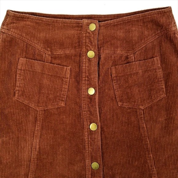 Mittoshop Corduroy Mini Skirt NEW Brown Button Front Size L Pockets Frayed Hem - Picture 5 of 9
